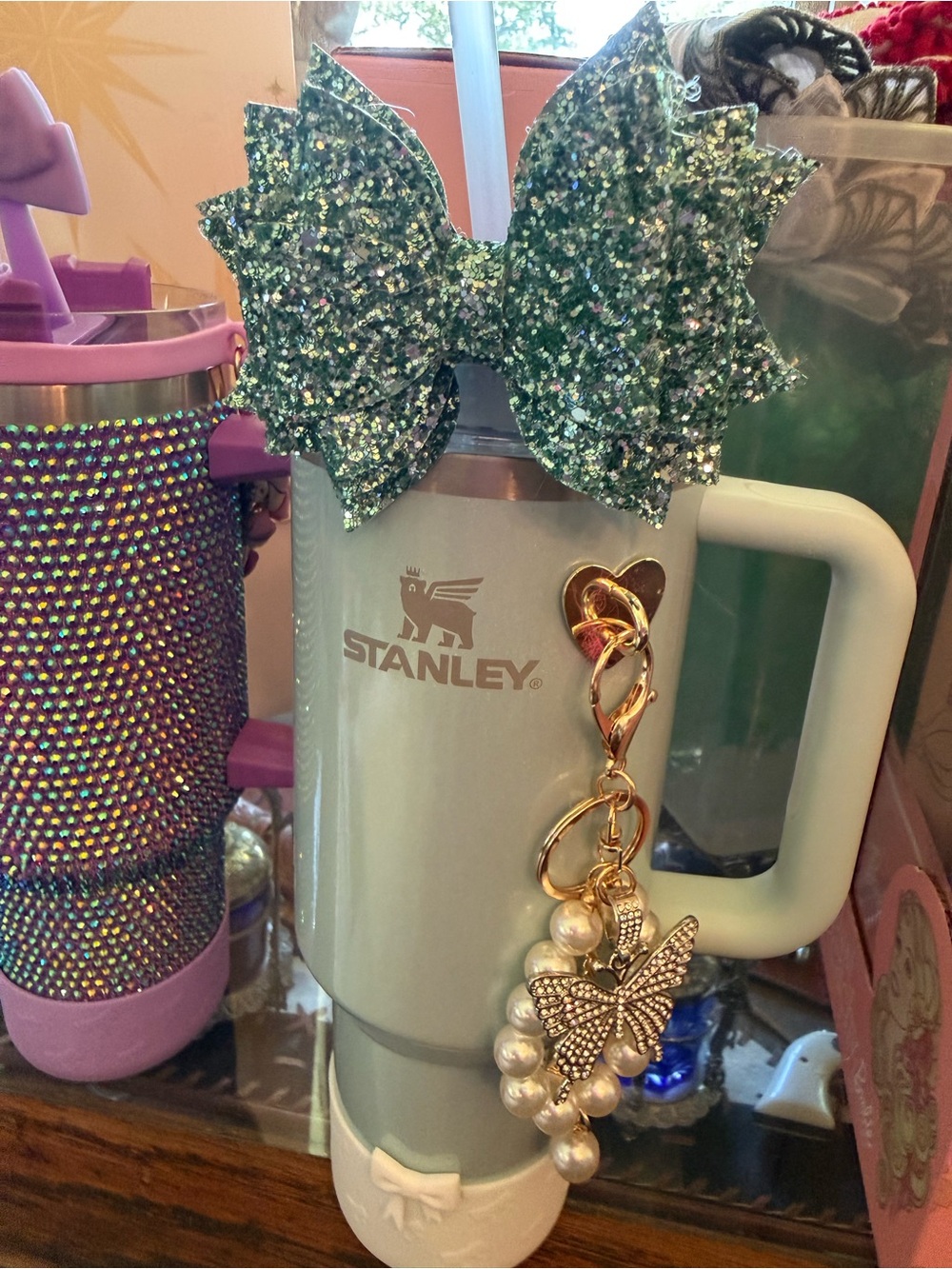 Stanley Mint Green tumbler with Butterfly Pearl Bag Charm Keychain - Picture 3 of 3